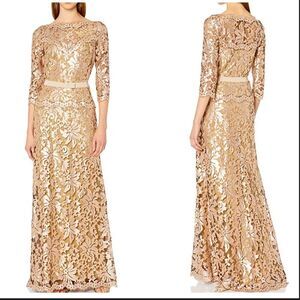 TADASHI SHOJI Sequin Embroidered Gold Gown Size 2